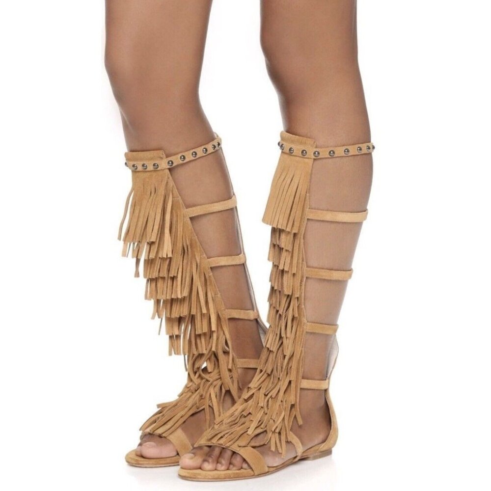 Alice + Olivia Gladiator Sandals Womens 36 US 6 Paula Suede Tan Zip Up Tall NEW